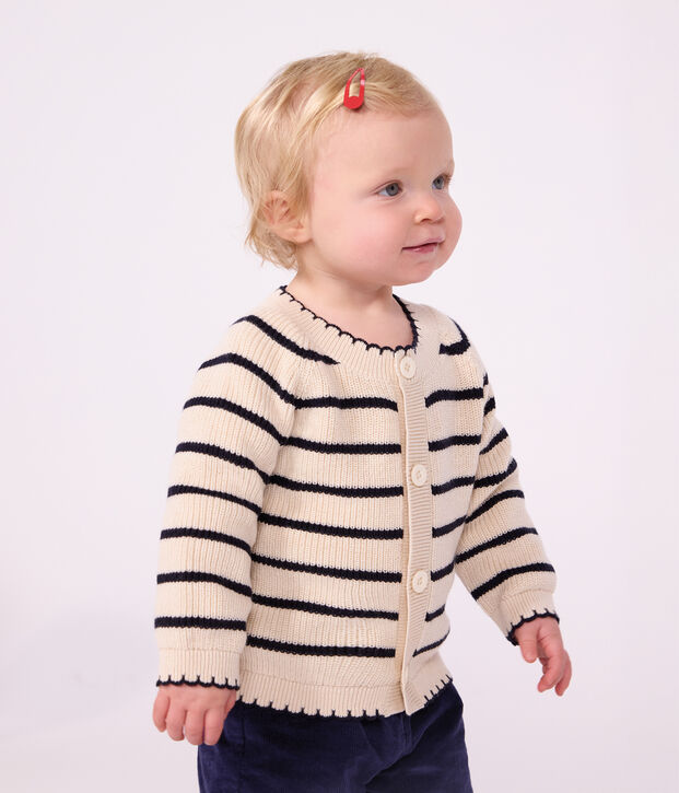 Katoenen babyvestje met strepen ecru/blauw