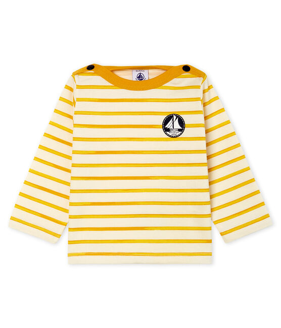 T-shirt lange mouwen met streep babyjongen wit MARSHMALLOW/geel BOUDOR