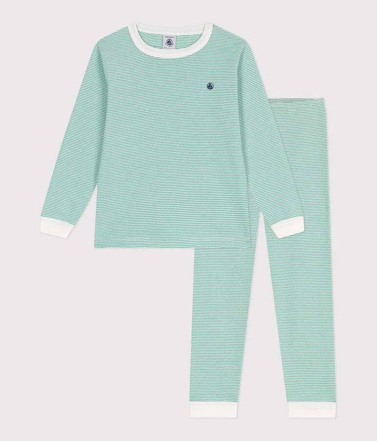 Pyjama enfant en coton &agrave; rayures vert/blanc