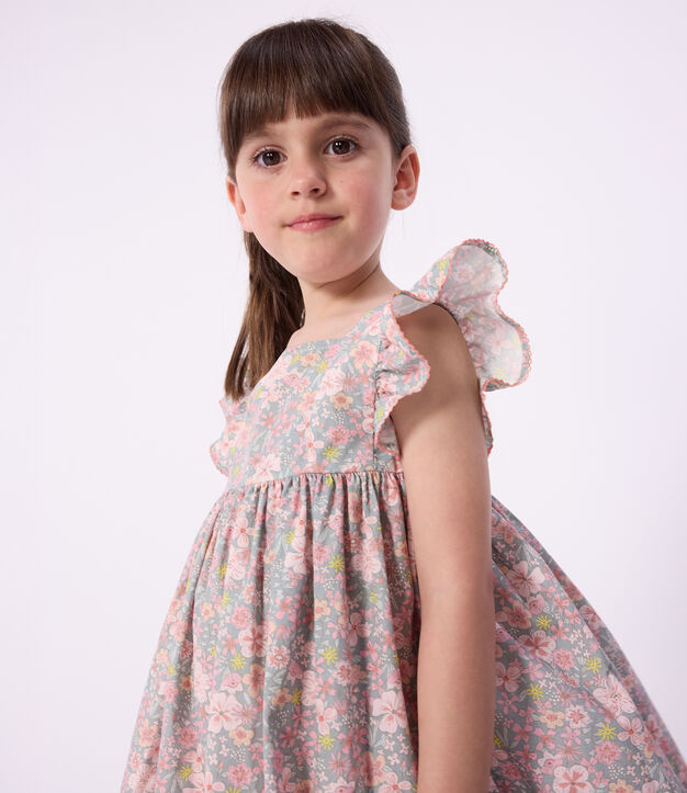 Robe sans manches enfant en coton imprim&eacute;e fleurs bleu/multicouleur