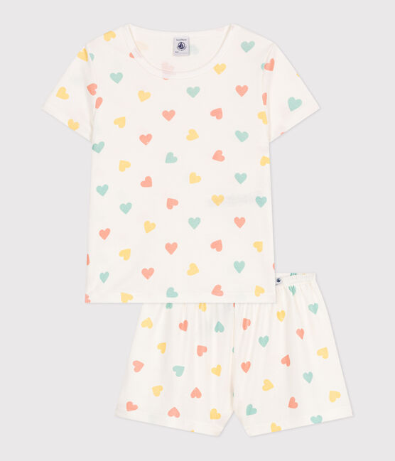 Pyjama short enfant en coton imprimé cœurs blanc MARSHMALLOW/blanc MULTICO