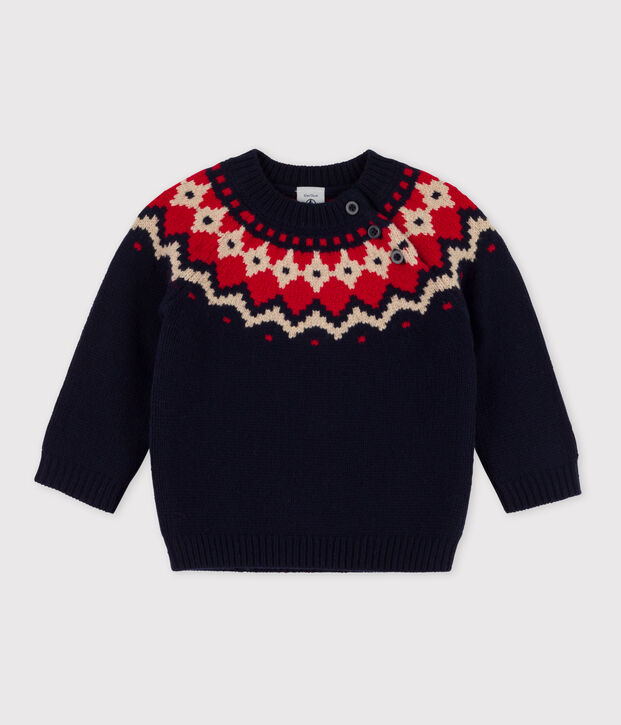 Pull jacquart en tricot laine et coton b&eacute;b&eacute; bleu/multicouleur