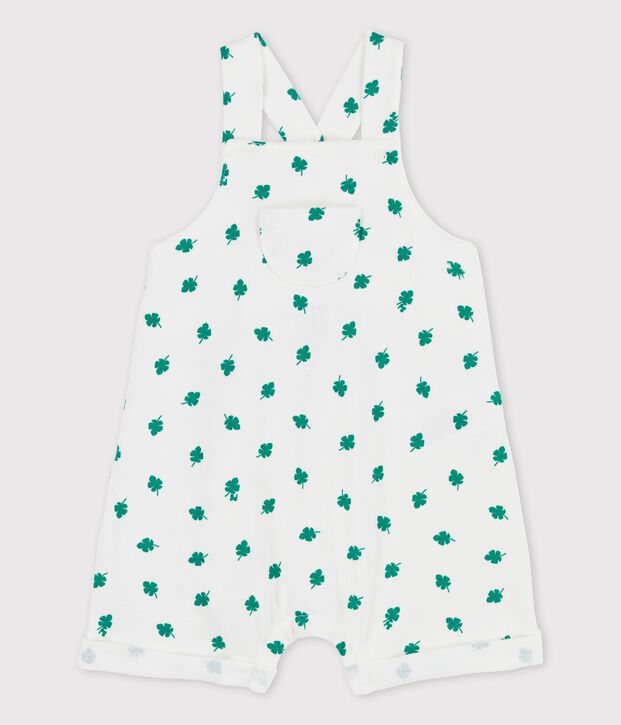 Korte salopette van molton voor baby's met plantenprint wit/groen