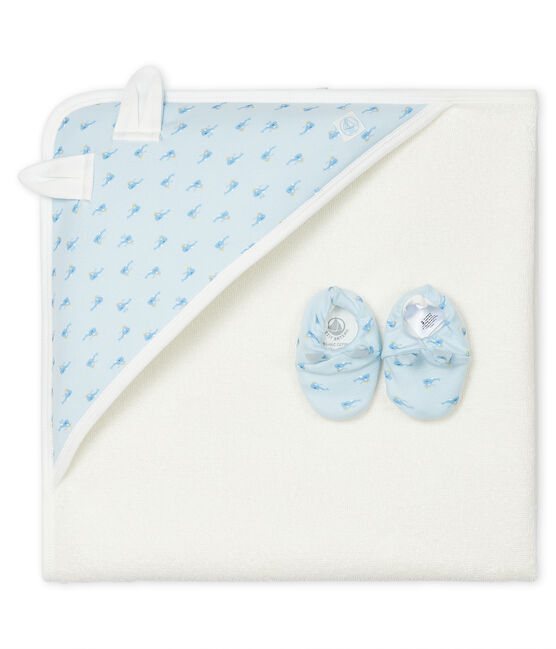 Coffret carré de bain et chaussons bébé en éponge et côte bleu FRAICHEUR/blanc MULTICO