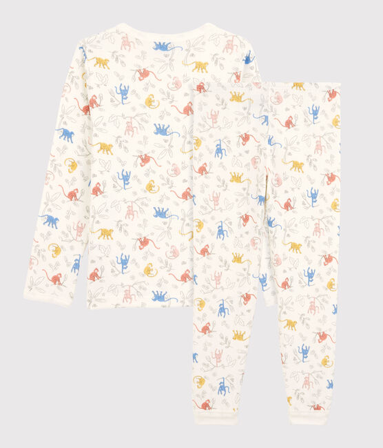 Pyjama met meerkleurige aapjes voor kleine meisjes/jongens in biokatoen wit MARSHMALLOW/wit MULTICO