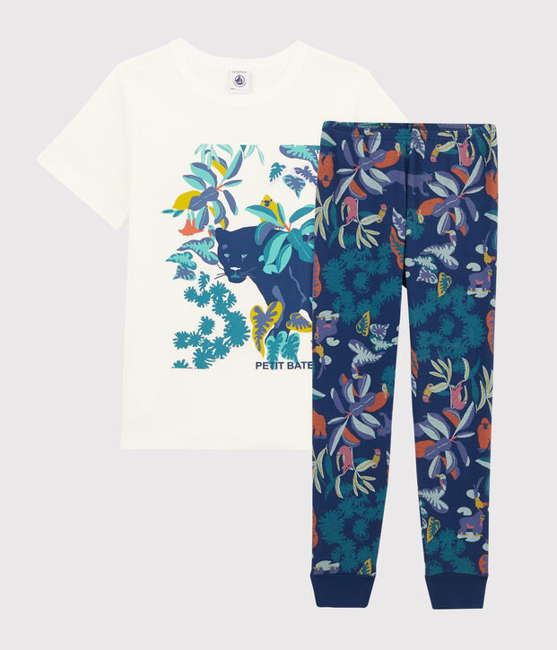 Jongenspyjama van ribtricot met jungleprint blauw/multicouleur