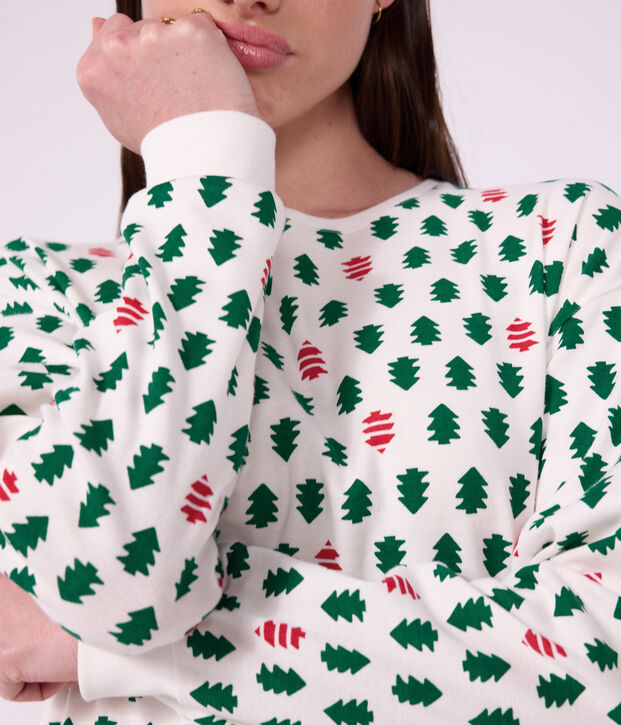 Katoenen damespyjama met dennenprint wit/multicouleur