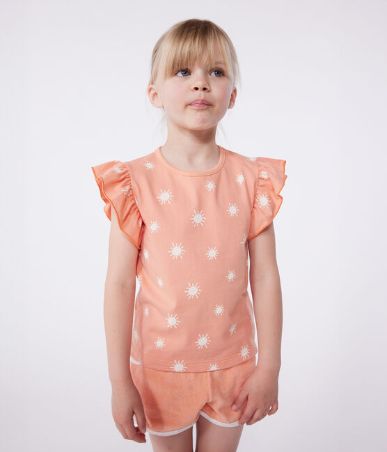 Katoenen T-shirt met korte mouwen en print voor kinderen oranje ABRICOT/ MARSHMALLOW