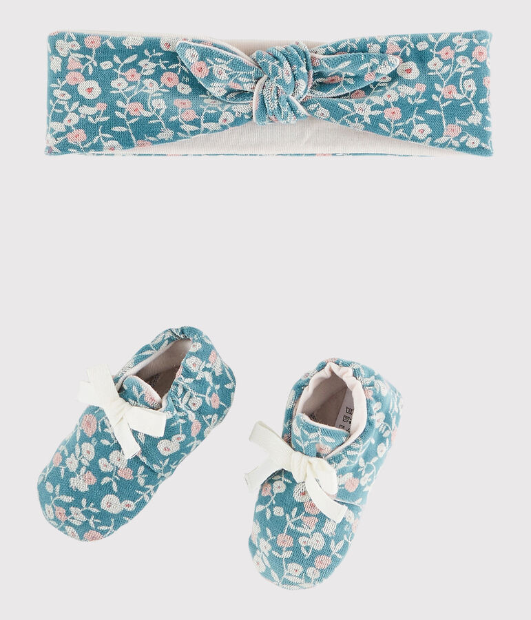 Lot bandeau et chaussons fleuri b&eacute;b&eacute; fille en velours vert/multicouleur
