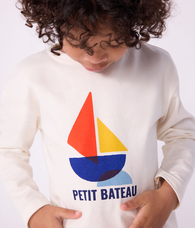 Tee-shirt enfant manches longues en coton imprim&eacute; &eacute;cru
