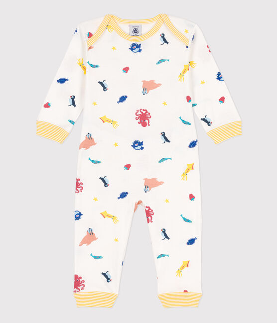 Pyjama zonder drukknopen en zonder voetjes met zeedierenprint in katoen wit MARSHMALLOW/wit MULTICO
