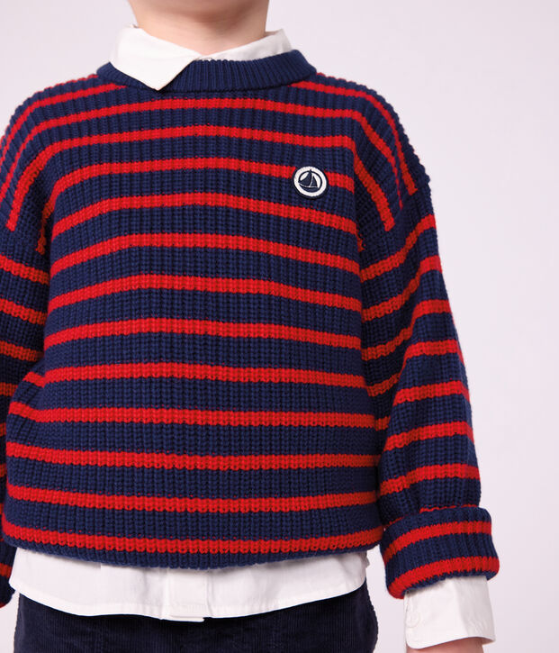 Pull enfant en laine et coton &agrave; rayures bleu/rouge