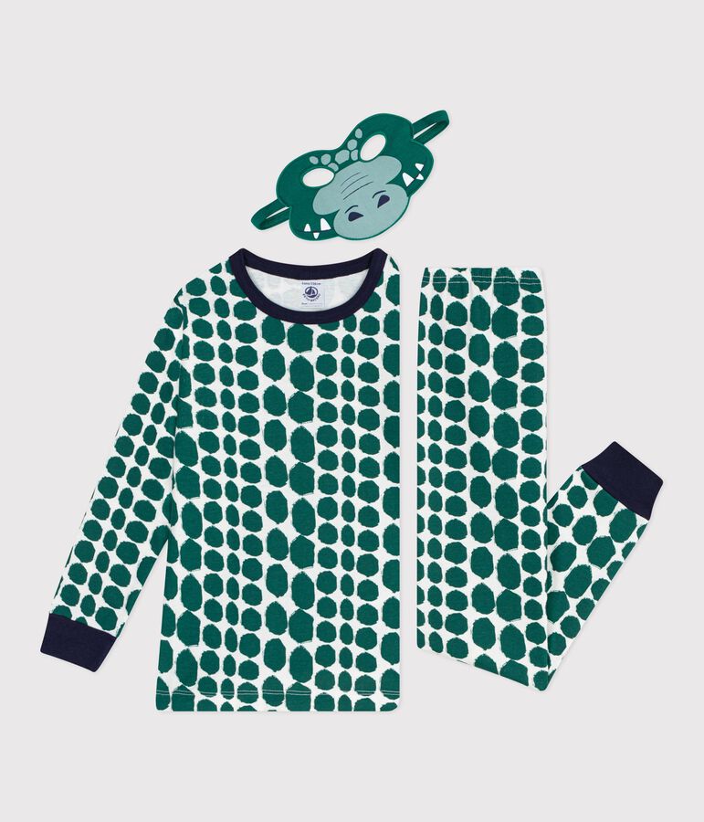 Katoenen verkleedpyjama met krokodilprint voor kinderen ecru/groen