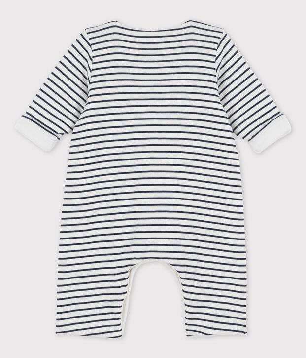 Combinaison longue ray&eacute;e marini&egrave;re en coton bio b&eacute;b&eacute; blanc/bleu