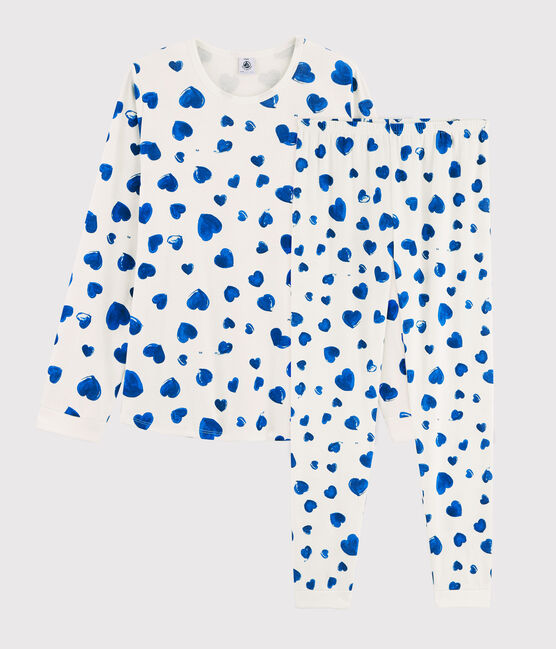 Pyjama fille / femme imprimé cœurs en côte blanc MARSHMALLOW/bleu BLEU