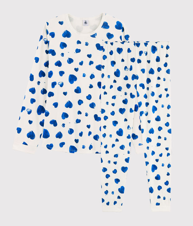 Meisjes-dame pyjama van ribtricot met hartjesprint wit/blauw