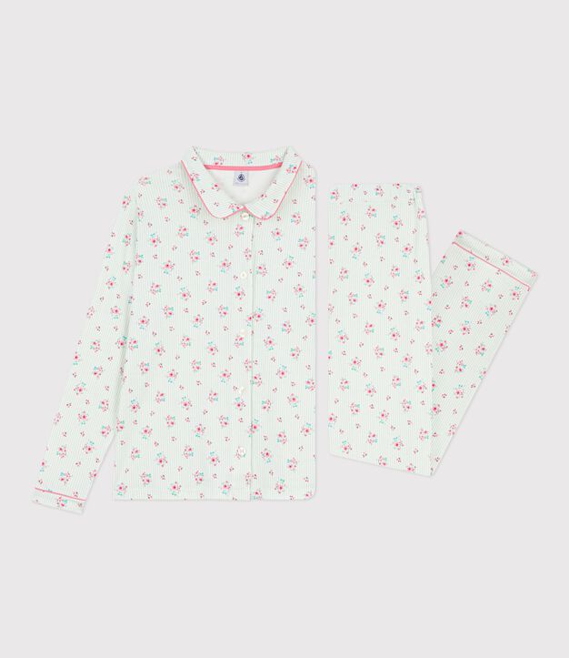 Pyjama boutonn&eacute; femme en coton imprim&eacute; blanc/multicouleur