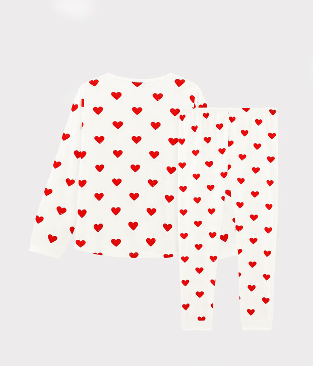 Pyjama enfant imprim&eacute; c&oelig;urs en molleton blanc/rouge