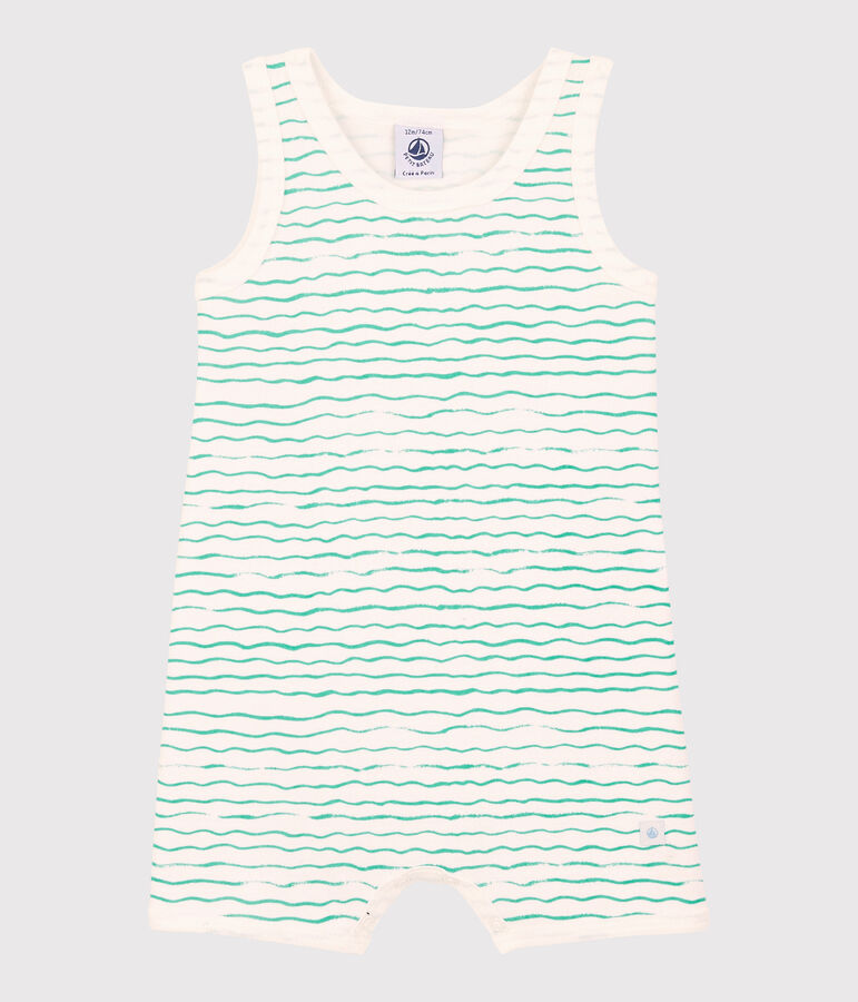 Katoenen golven-jumpsuit voor baby's wit MARSHMALLOW/ VERT