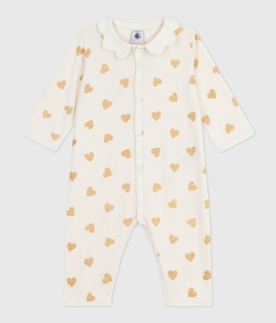 Katoenen babypyjama zonder voetjes met gouden hartjesprint MILK/ DORE