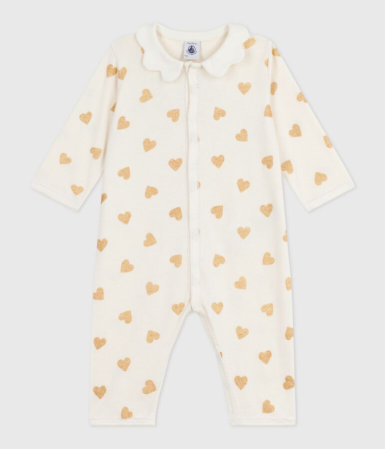 Baby pyjama van katoen zonder voetjes met gouden glitter hartjesprint ecru/geel