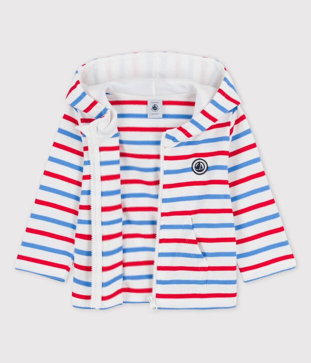 Gestreept sweatshirt met kap in dikke jerseystof voor baby's wit/multicouleur