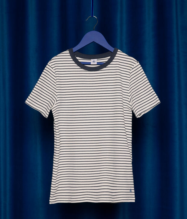 Tee-shirt l'Iconique en coton ray&eacute; femme blanc/bleu