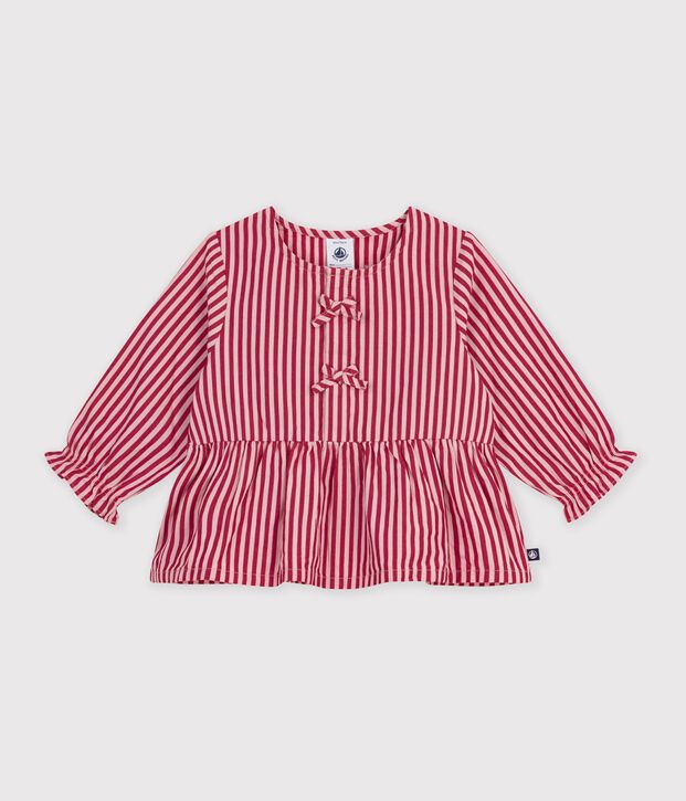 Blouse b&eacute;b&eacute; en coton manches longues &agrave; rayures rose/rose