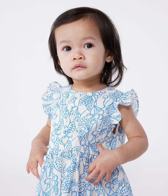 Robe bébé en coton et son bloomer, imprimés cerises bleues bleu MARSHMALLOW/ PORCELANA