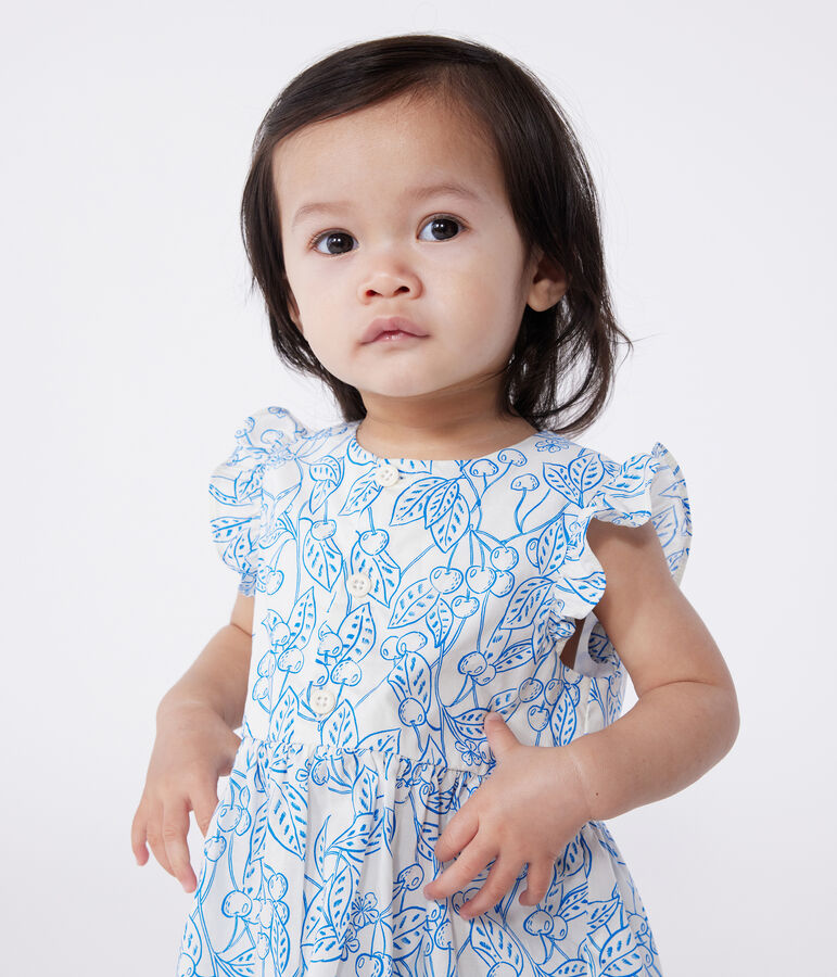Katoenen babyjurk met bloomer en blauwe kersenprint wit/blauw