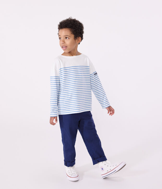Tee-shirt marini&egrave;re enfant en coton manches longues blanc/bleu