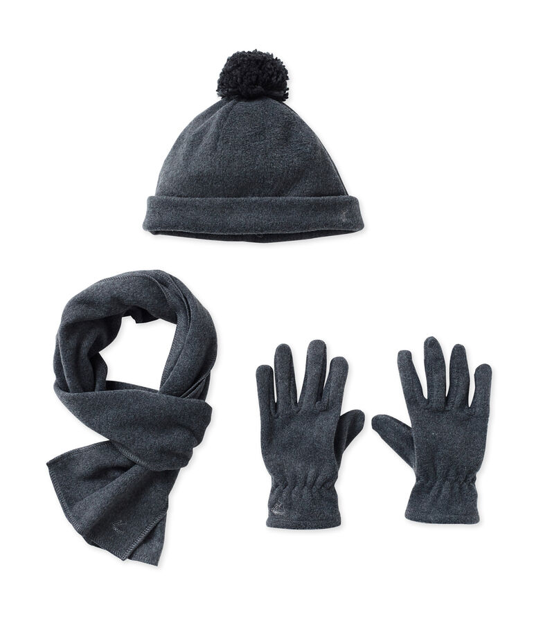 Bonnet, gants et &eacute;charpe en polaire gris