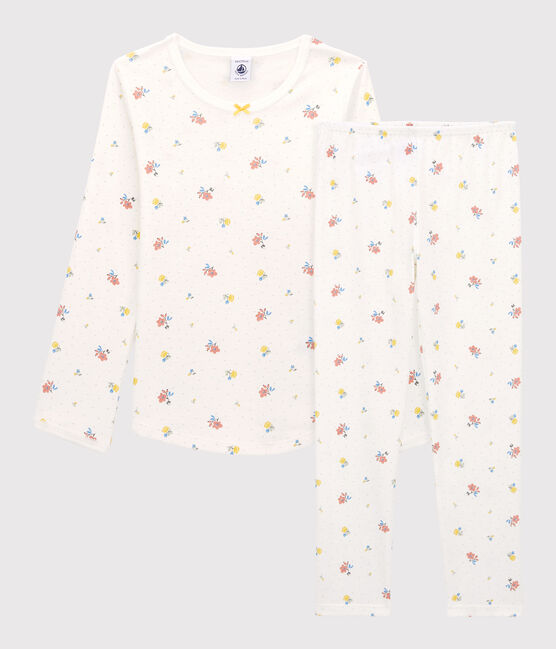 Meisjespyjama met bloemenprint in katoen wit MARSHMALLOW/wit MULTICO