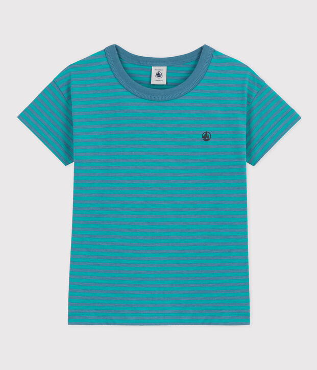 Tee-shirt ray&eacute; en coton enfant gar&ccedil;on bleu/vert