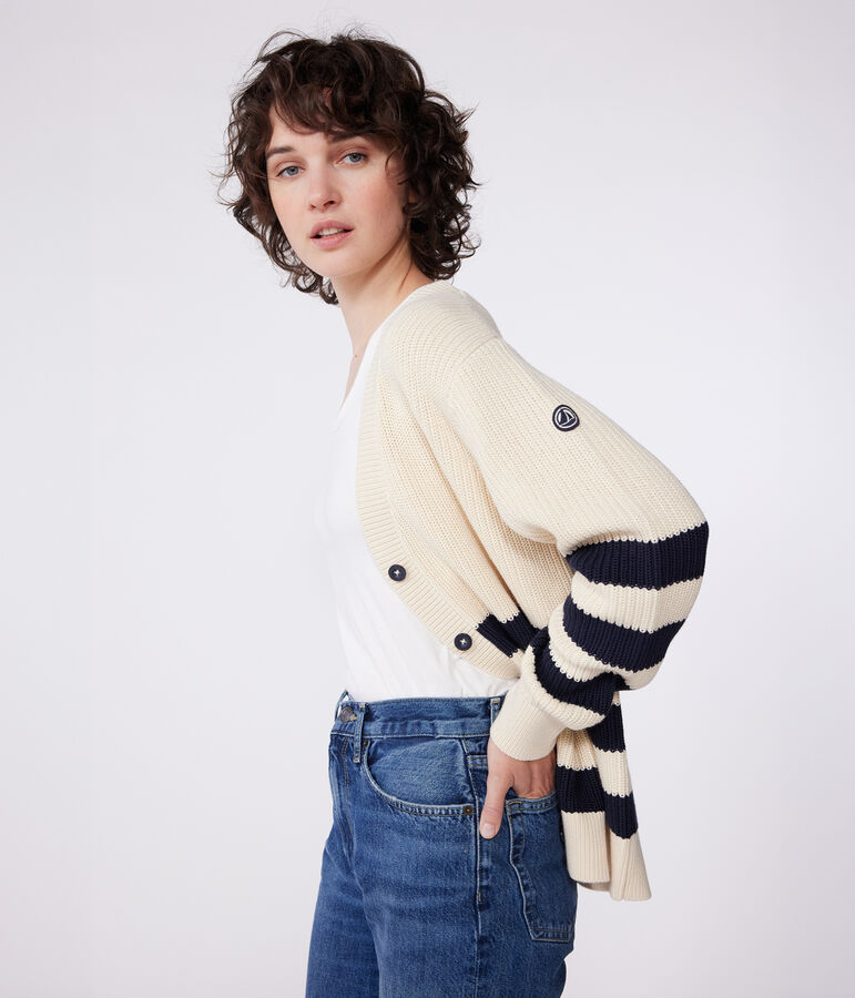 Cardigan femme en coton &agrave; rayures &eacute;cru/bleu
