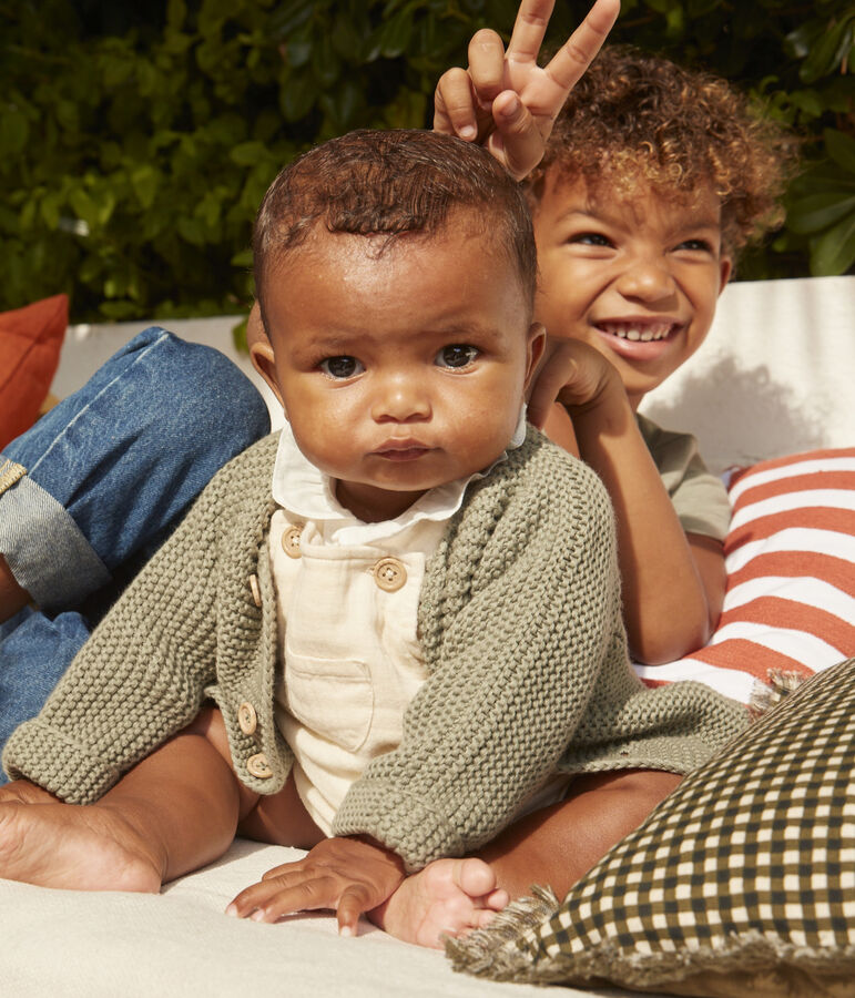 Cardigan b&eacute;b&eacute; tricot point mousse en coton vert