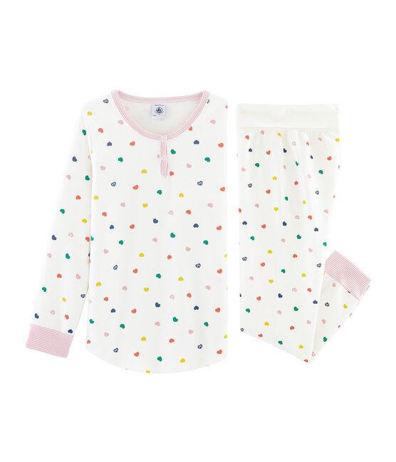 Meisjespyjama met hoge tailleband van dubbelzijdig jersey wit MARSHMALLOW/wit MULTICO