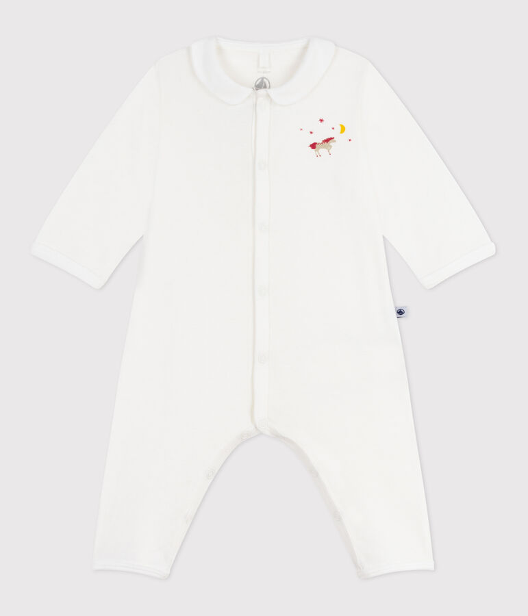 Effen katoenen babypyjama zonder voetjes wit MARSHMALLOW