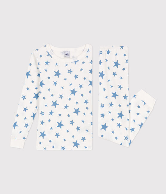 Pyjama très ajusté enfant en coton imprimé  blanc MARSHMALLOW/bleu ALASKA
