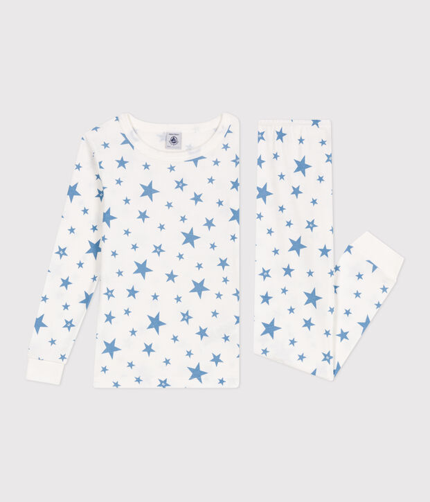 Zeer getailleerde kinderpyjama van bedrukt katoen wit/blauw