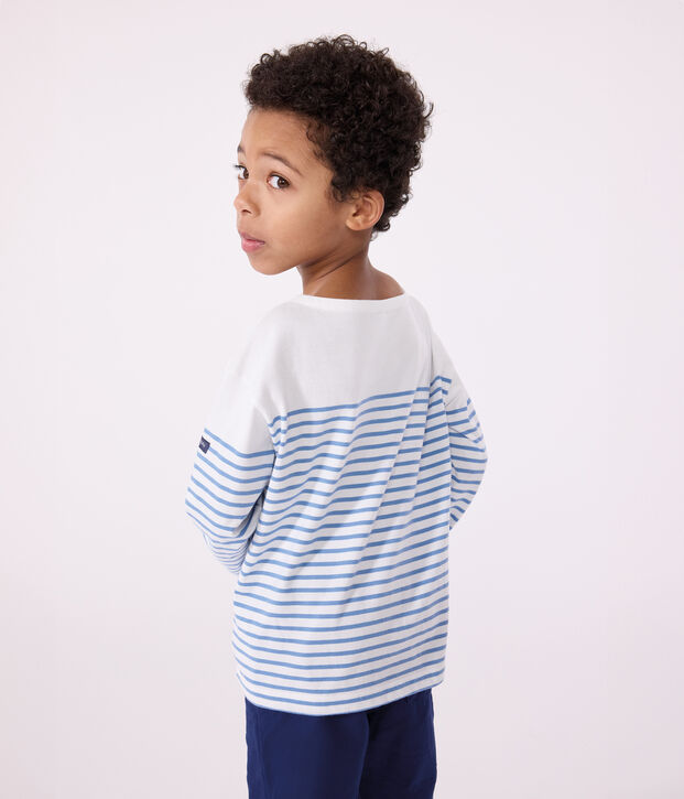 Tee-shirt marini&egrave;re enfant en coton manches longues blanc/bleu