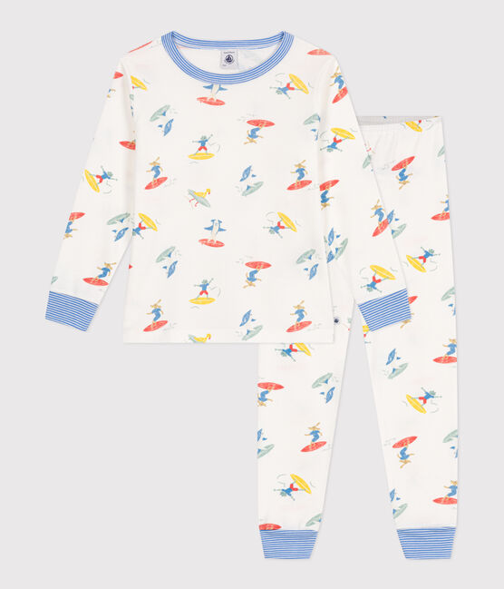 Katoenen kinderpyjama met lange mouw en surfersprint wit MARSHMALLOW/wit MULTICO