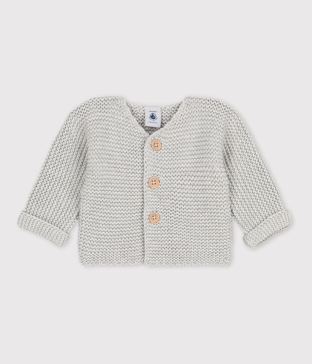 Cardigan b&eacute;b&eacute; tricot point mousse en coton gris chin&eacute; clair