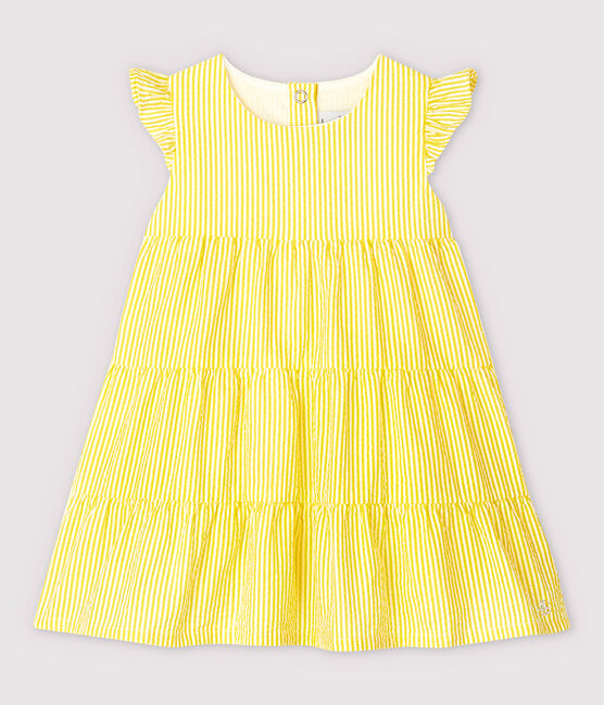 Gestreepte seersuckerjurk met korte mouwen voor babymeisjes geel SHINE/wit MARSHMALLOW