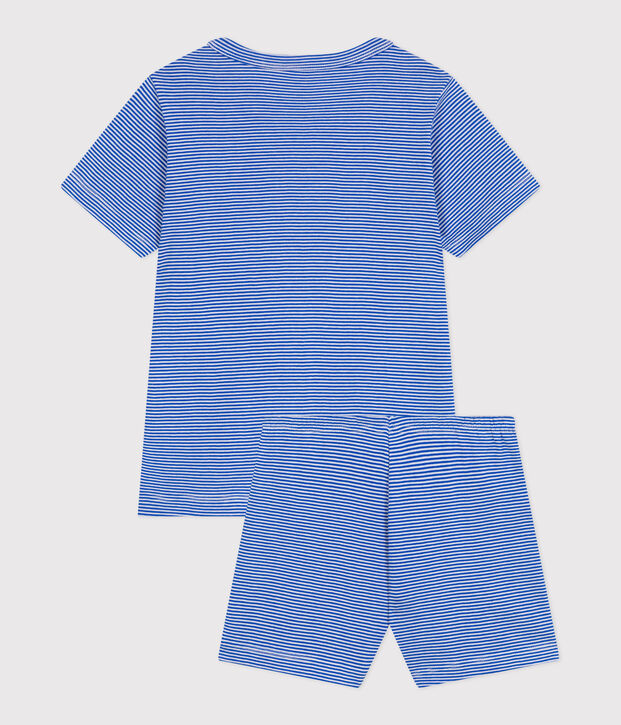 Korte katoenen kinderpyjama met streepjes blauw/wit