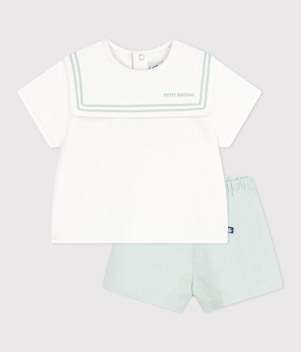 Ensemble b&eacute;b&eacute; 2 pi&egrave;ces en coton/lin, haut col marin blanc/bleu