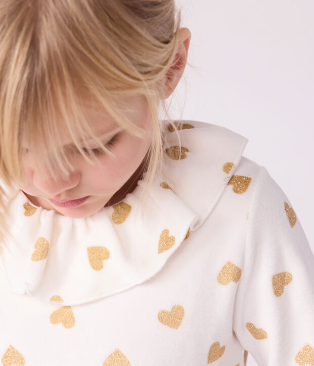 Pyjama van Fluweel met print van gouden glitterhartjes ecru/geel