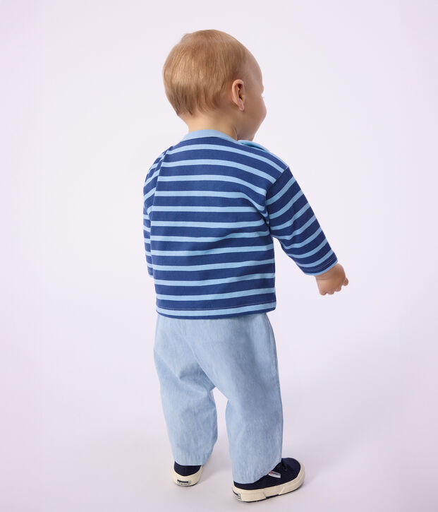 Katoenen babytruitje met matrozenstreepje en meeuwbadge blauw/blauw
