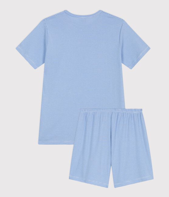 Korte katoenen kinderpyjama met streepjes blauw EDNA/wit MARSHMALLOW