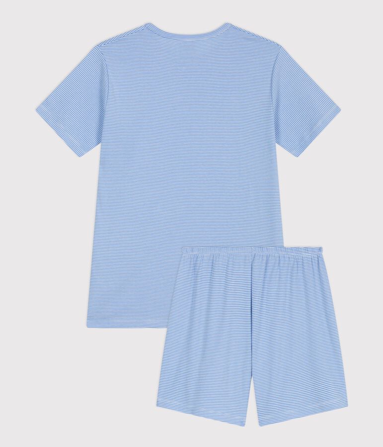 Pyjama short enfant en coton &agrave; rayures bleu/blanc